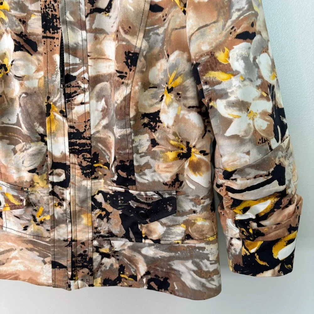 Coldwater Creek Jacket 16 Brown Yellow Floral Full-Zip 3/4 Sleeves Cotton Womens